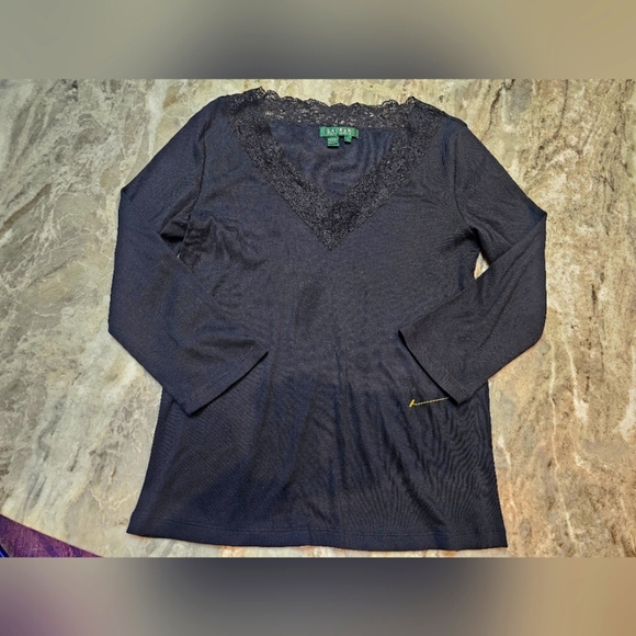 Lauren Ralph Lauren Black Ribbed Long Sleeve Lace V-Neck Top L Cotton Stretch - Picture 2 of 8